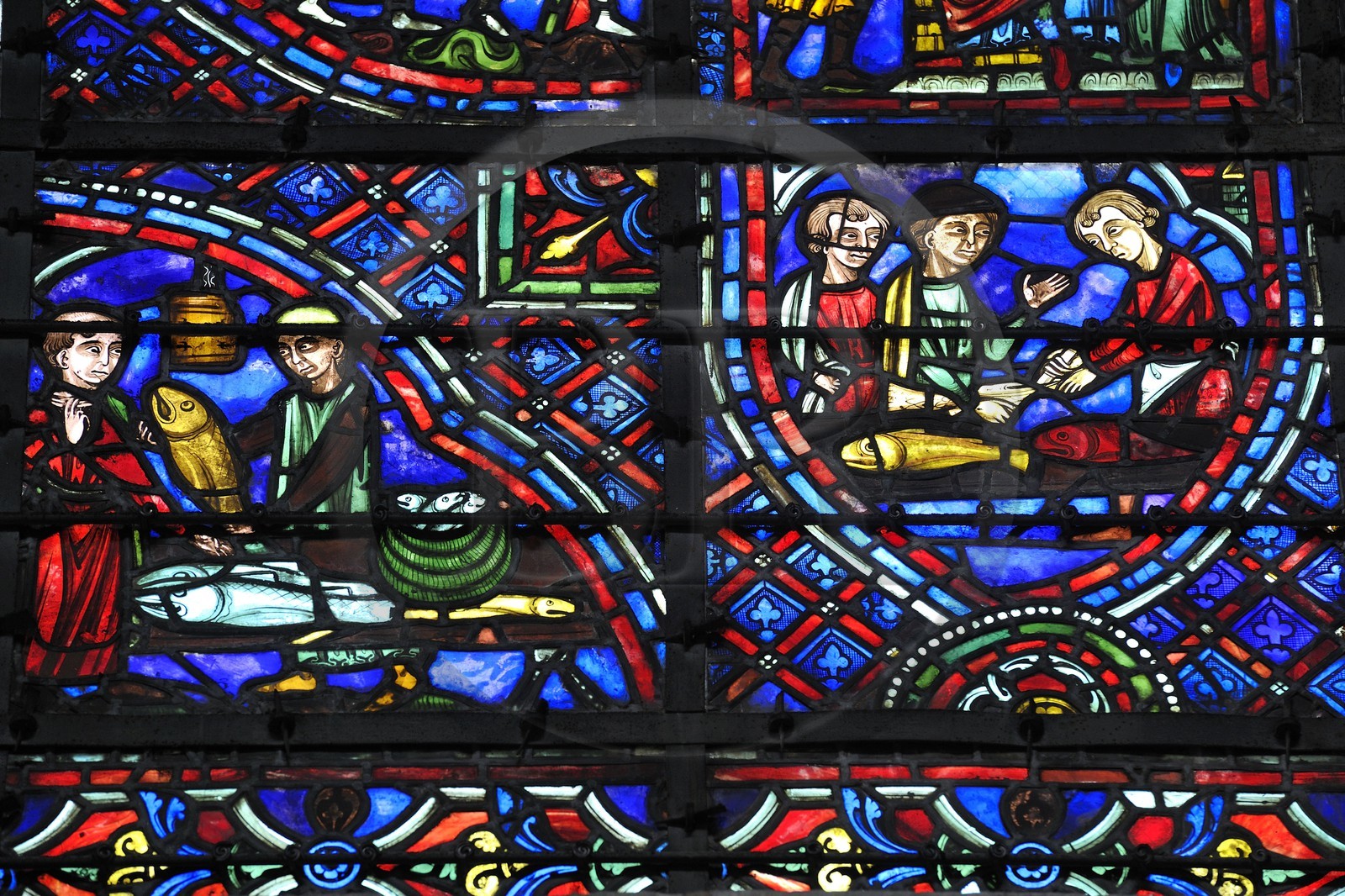France, Seine Maritime, Rouen, Notre Dame of Rouen Cathedral, detail of the stained glass window of Saint Julian the Hospitaller offered by the guild of fishmongers that inspired Flaubert