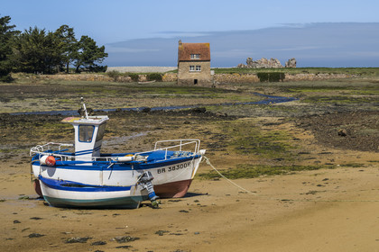 France, Cotes-d'Armor, Cote d'Ajoncs, Penvénan, Balanec Island tide mill at low tide