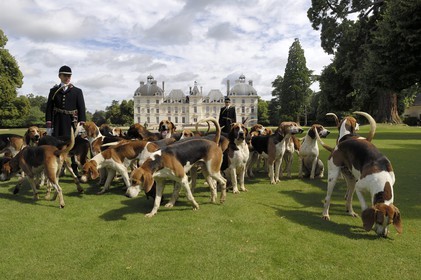 France, Loir et Cher, Chateau de Cheverny, the hunstmen Vol au Vent and La Rosée, who manage the pack of 90 dogs for hunting