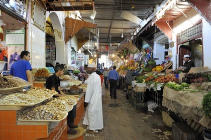 Morocco, Meknes Tafilalet Region, Meknes, Imperial City, medina listed as World Heritage by UNESCO, El Hedime covered market, stalls with pastries and vegetables