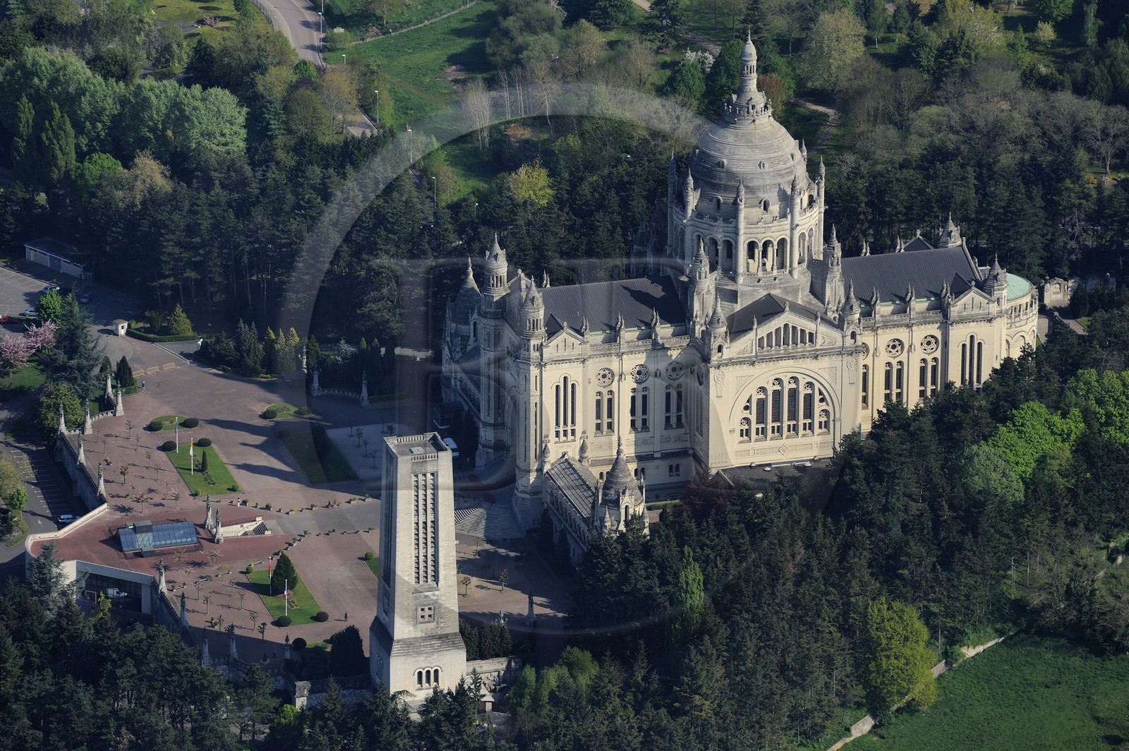 France, Calvados, Lisieux, St Therese de Lisieux basilica, one of the largest churches built in the XXth century (aerial view)