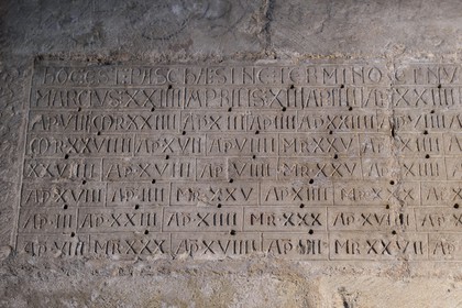 France, Dordogne (24), Périgord Blanc, Périgueux, quartier de la Cité dit de Vésone, ancienne cathédrale et église Saint-Étienne-de-la-Cité, inscription (table) des dates de Pâques gravée sur une plaque et provenant du mur sud de la pièce de l'autel de l’ancienne cathédrale