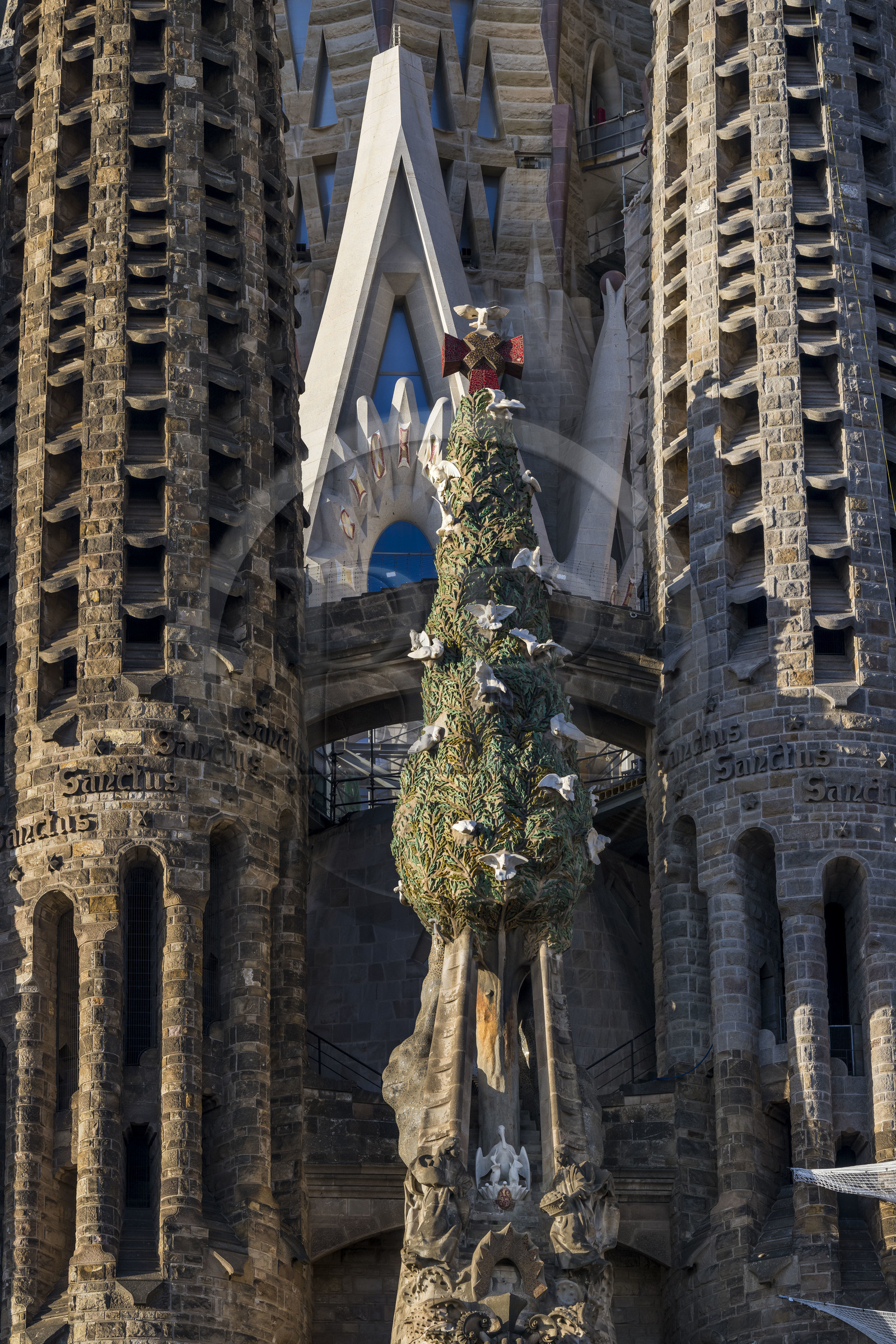 Espagne, Catalogne, Barcelone, quartier de l'Eixample, basilique de la Sagrada Familia de l'architecte du modernisme catalan Antoni Gaudi classée Patrimoine Mondial de l'UNESCO, façade de la Nativité et le cyprès symbolisant l'Arbre de la Vie