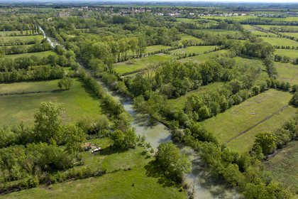 France, Vendée (85), Parc Interrégional du Marais Poitevin labellisé Grand Site de France, Maillezais, parcelles de terres entrecoupées par les affluents de l'Autise, les vestiges de l'abbaye Saint-Pierre de Maillezais en arrière plan (vue aérienne)