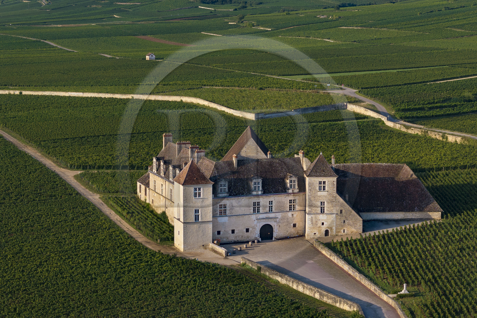 France, Côte-d'Or (21), Paysage culturel des climats de Bourgogne classés Patrimoine Mondial de l'UNESCO, Route des Grands Crus, vignoble de la Côte de Nuits, Vougeot, le Chateau du Clos de Vougeot entouré par le vignoble (vue aérienne)