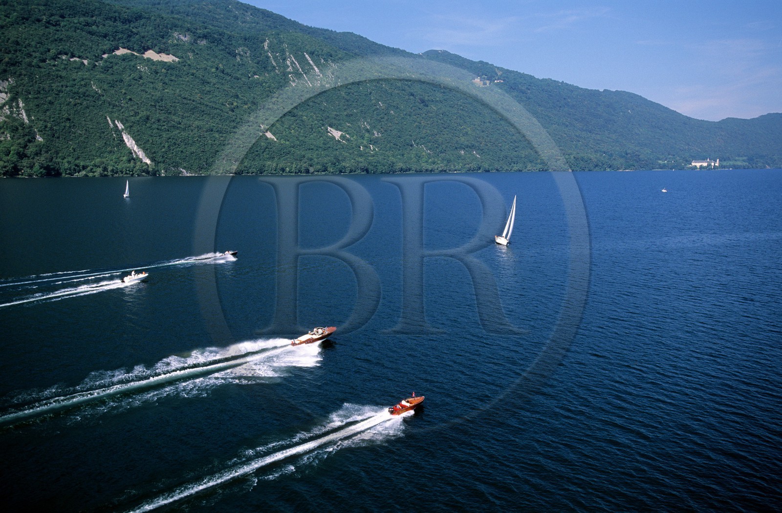 France, Savoie, Navig'Aix on Le Bourget lake, race between the famous Riva wooden motorboats (aerial view)