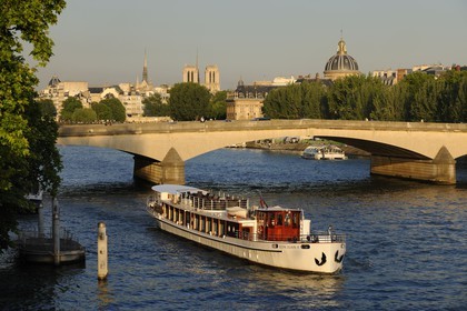 France, Paris (75), les rives de la Seine classées Patrimoine Mondiale de l'UNESCO, bateau devant le Pont du Carroussel, Notre-Dame et l'Institut de France