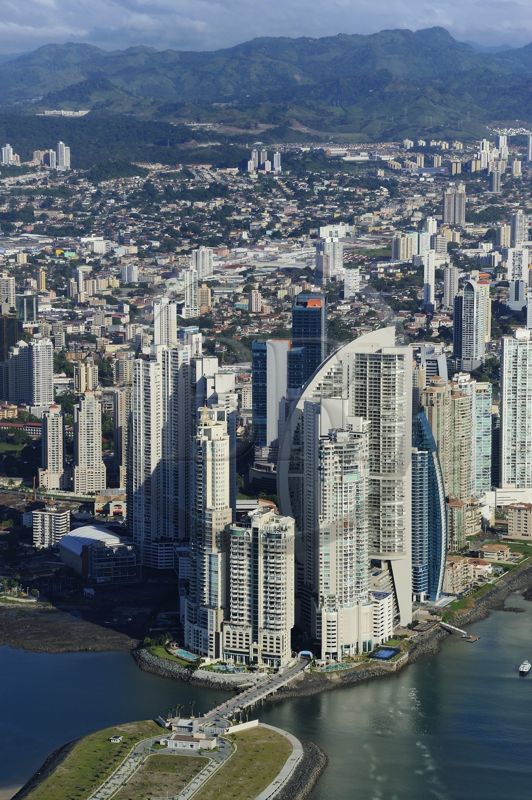 Panama, Panama City skyscrapers, Colon point and the Trump tower in foreground (aerial view)