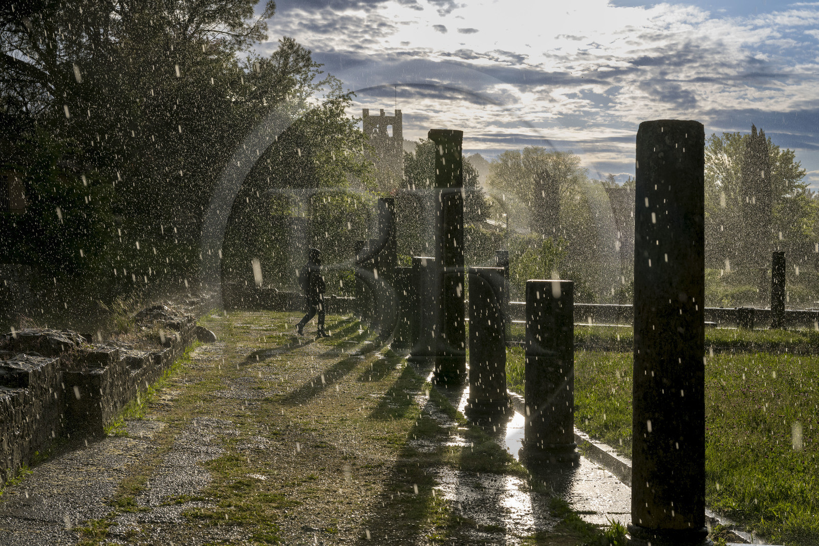 France, Vaucluse, Dentelles de Montmirail mountains,  Vaison la Romaine, Villasse archaeological site under a rain shower