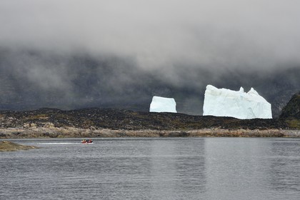 Greenland, west coast, Disko Island, Qeqertarsuaq village bay, icebergs in the mist