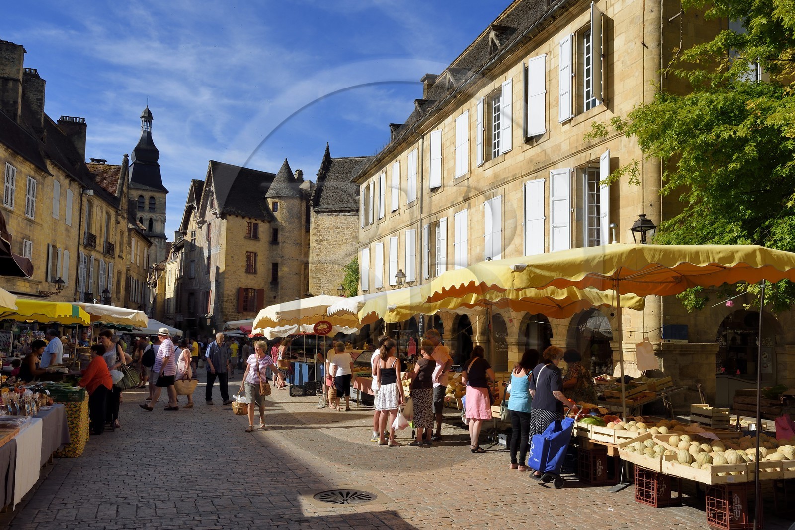 France, Dordogne (24), Périgord Noir, vallée de la Dordogne, Sarlat-la-Canéda, jour de marché place de la Liberté dans la vieille ville avec la cathédrale Saint-Sacerdos du XVIe siècle en arrière-plan