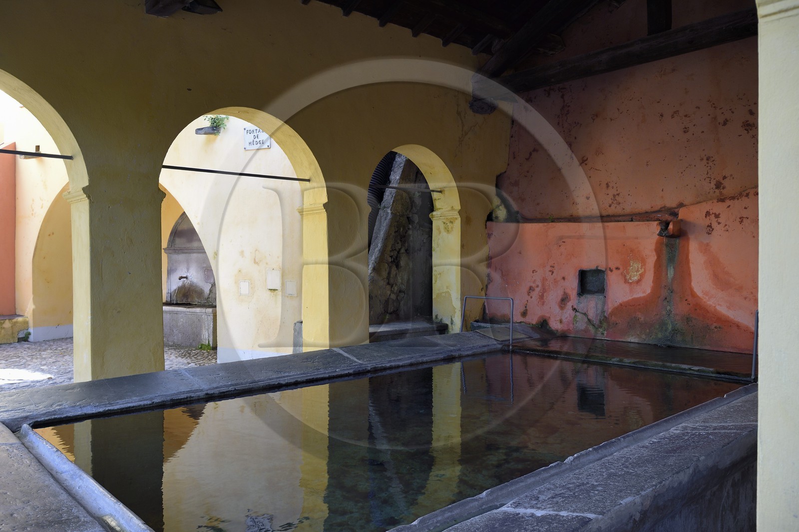 France, Alpes-Maritimes, Roya Valley (Nice hinterland), at the foot of the Mercantour National Park, Saorge, washhouse and fountain of Medge