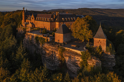 France, Bas-Rhin (67), Mont Saint-Odile, abbaye de Hohenbourg encore appelée couvent du Mont-Sainte-Odile, statue de Sainte Odile placée sur le toit du couvent et faisant face à la plaine d'Alsace (vue aérienne)