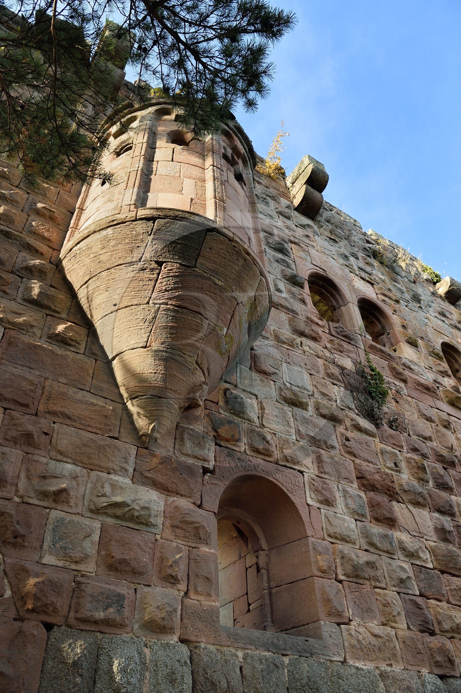 France, Bas-Rhin (67), Heiligenstein, chateau du Landsberg du XIIIème siècle, logis seigneurial et oriel qui abrite le chœur de la chapelle castrale