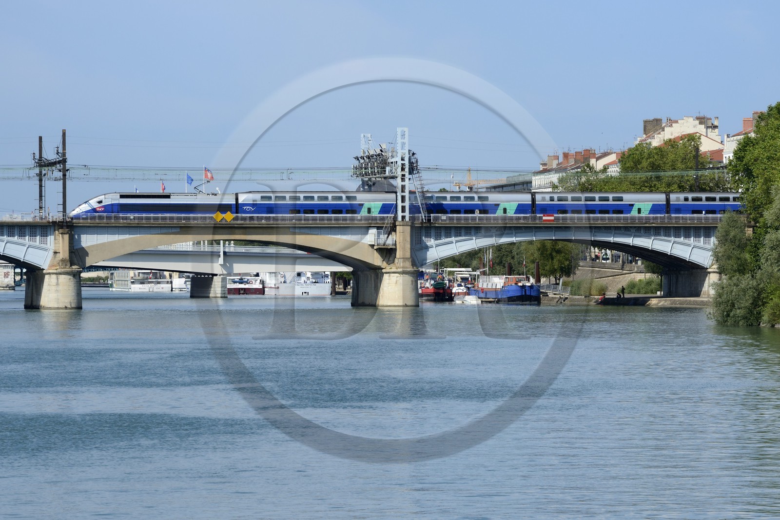 France, Rhône (69), Lyon, TGV traversant le Rhône aux abords de la Gare de Perrache