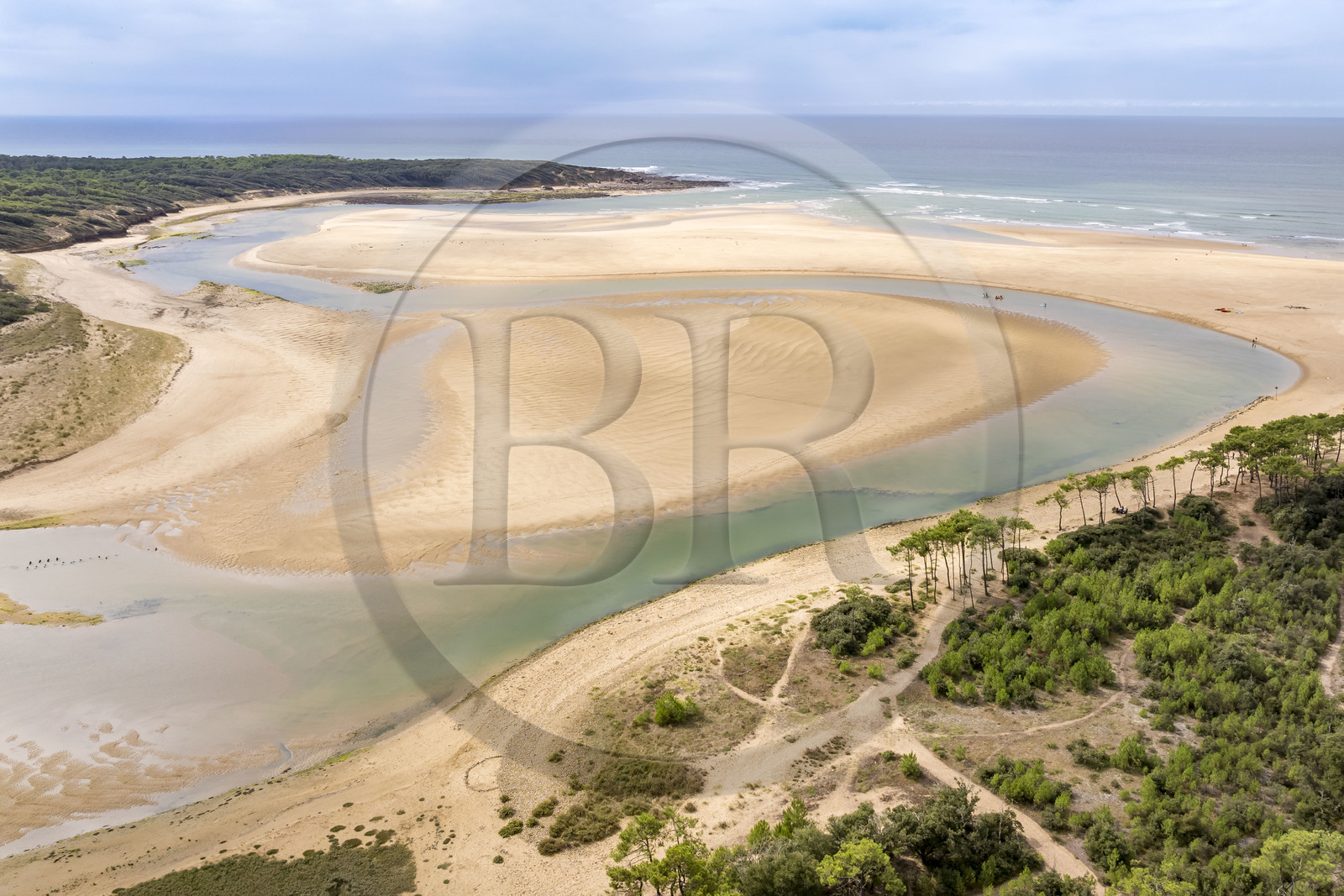 France, Vendée (85), Talmont-Saint-Hilaire, la Pointe du Payré, l'estuaire du Payré et la plage du Veillon en arrière plan (vue aérienne)