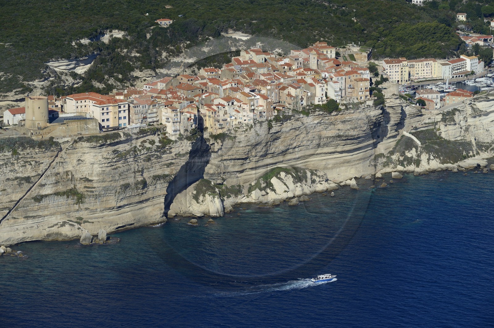 France, Corse-du-Sud (2A), Bonifacio, les falaises calcaires avec l'escalier du Roi-d'Aragon, la citadelle et la vieille ville (vue aérienne)