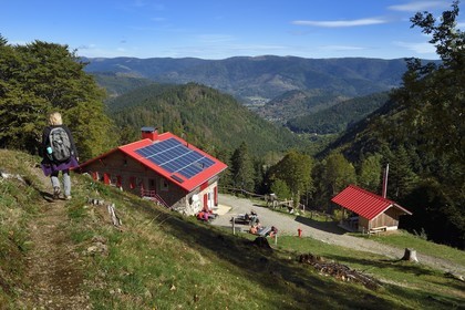 France, Haut Rhin, Ballons des Vosges Regional Natural Park, Fellering, Col des Perches pass, Gazon vert refuge and cottage above the Storckensohn valley