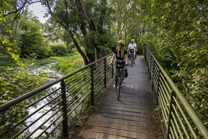 France, Maine-et-Loire (49), vallée de la Loire classée au Patrimoine Mondial par l'UNESCO, Saumur, randonnée à bicyclette sur les berges de la Loire, passerelle sur un bras de la Loire
