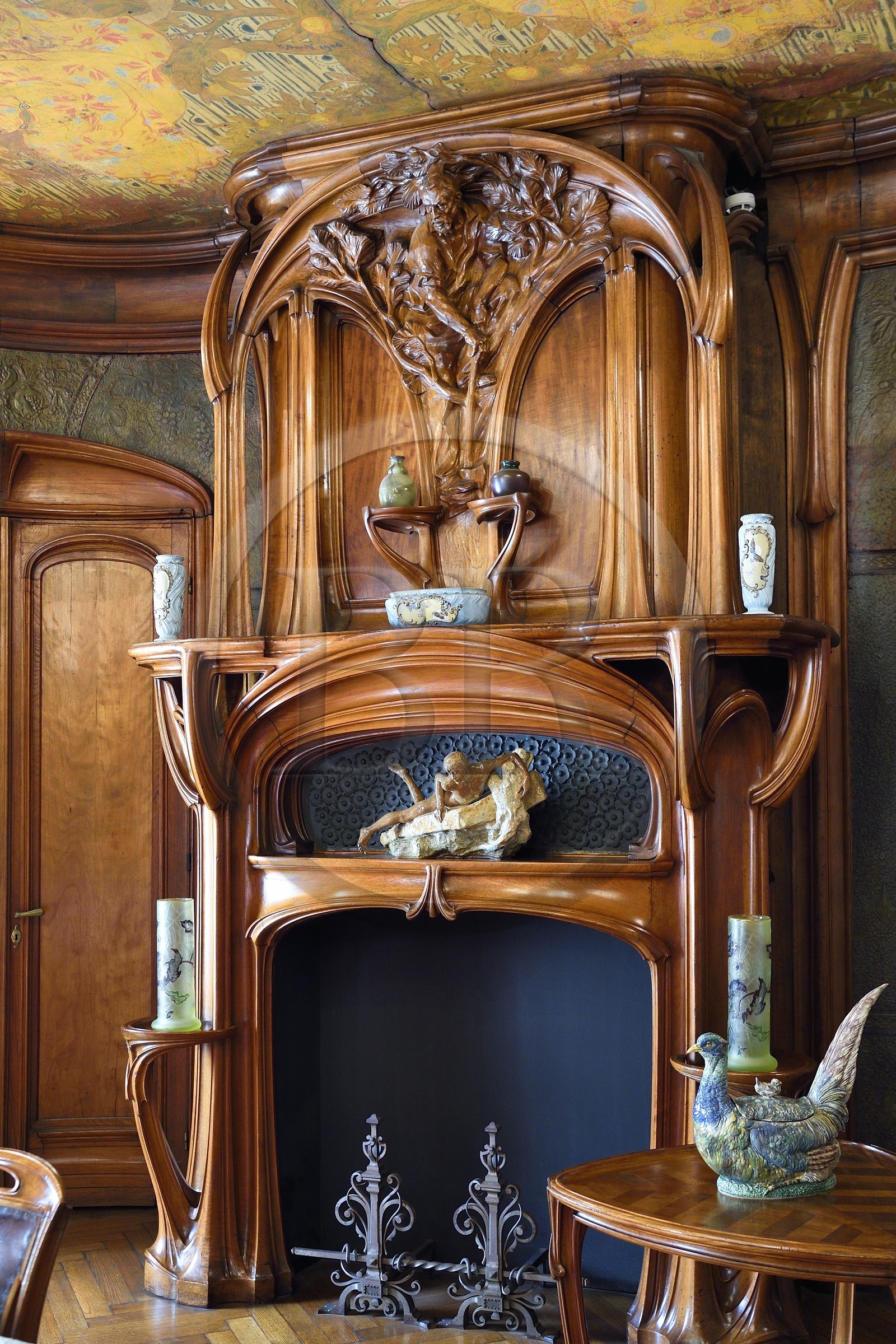France, Meurthe-et-Moselle, Nancy, Ecole de Nancy Museum, the Art Nouveau dining room of Masson (1903-1906), furniture and woodwork by Eugène Vallin, leather panels and ceiling by Victor Prouvé