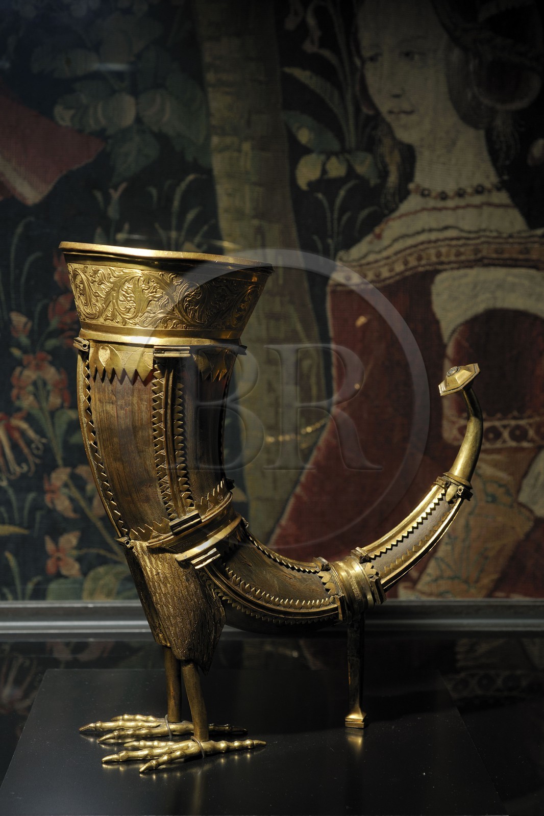 France, Paris (75), musée du Moyen-Age, ancien hôtel de Cluny, corne à boire en forme de griffon, début 16ème siècle