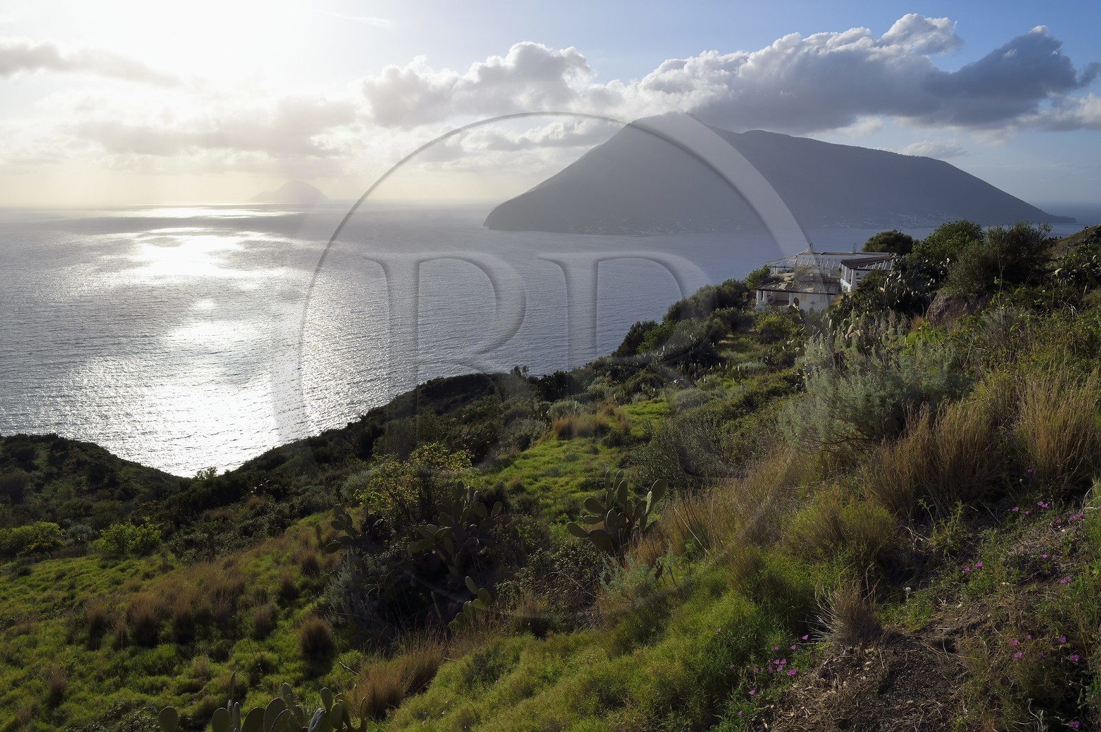 Italy, Sicily, Aeolian Islands, listed as World Heritage by UNESCO, Lipari Island, Northwest coast in Quattropani, Salina Island and Filicudi Island in the background