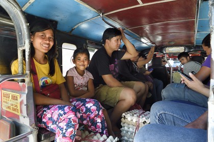 Philippines, Nueva Ecija province, Bambang region, inside a jeepney (elongated jeep to transport passengers)