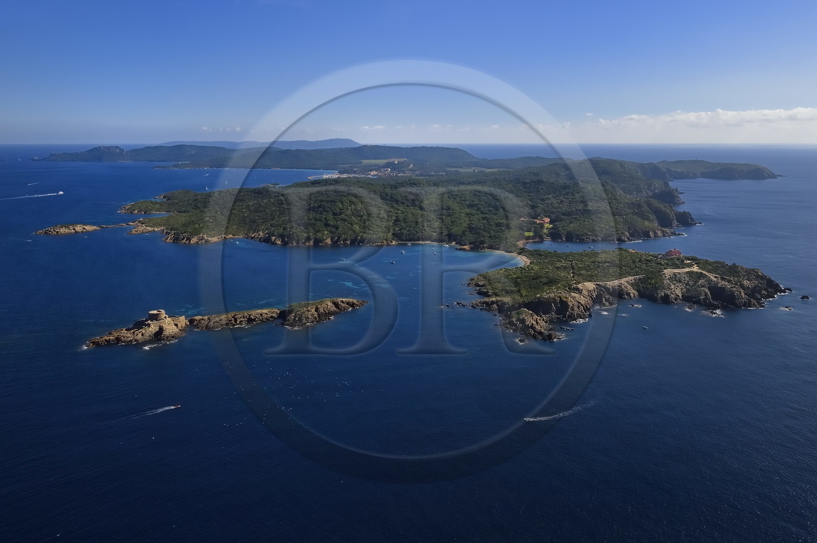 France, Var, Iles d'Hyeres, Parc National de Port Cros (National park of Port Cros), Porquerolles island, the Petit Langoustier Fort left and the Grand Langoustier Fort right in the foreground (aerial view)