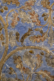 France, Vaucluse, Avignon, Palais des Papes (Palace of the Popes) listed as World heritage by UNESCO, the Tower of Angels or Pope's Tower, Pope's Room, a two-dimensional plant space made of vine and oak scrolls, dotted with birds and squirrels, adorns the walls on a sky blue background