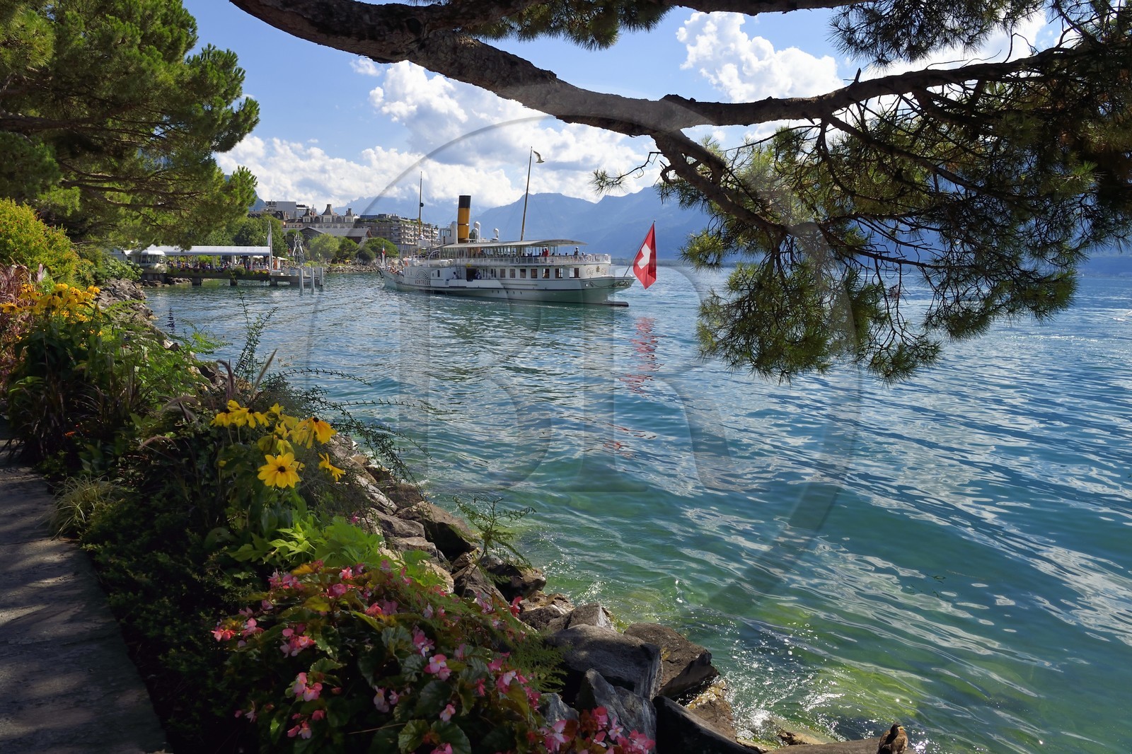 Suisse, Canton de Vaud, Montreux, sur les berges du Lac Léman, le bateau à vapeur à roues à aubes Montreux (1904) de la Compagnie générale de navigation sur le lac Léman (CGN)