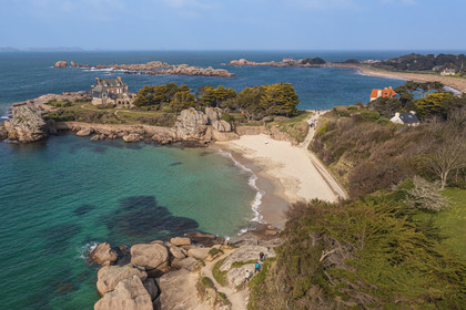 France, Cotes-d'Armor, Cote de Granit Rose, Trégastel, Ker ar Vir beach along the GR 34 hiking trail (aerial view)