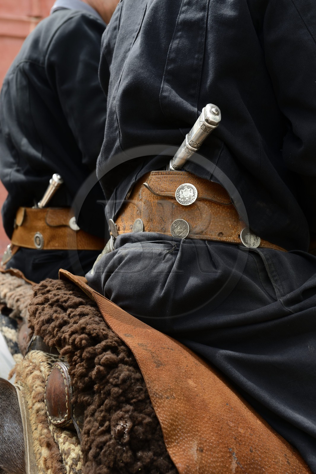 Argentine, province de Buenos Aires, San Antonio de Areco, fête du Jour de la Tradition (Dia de la Tradicion) gros plan sur une ceinture traditionnelle de gaucho et le facon (large et long couteau)