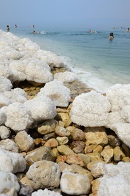 Israel, District sud,  baigneurs à la plage de Ein Gedi sur la Mer Morte, concrétions salines