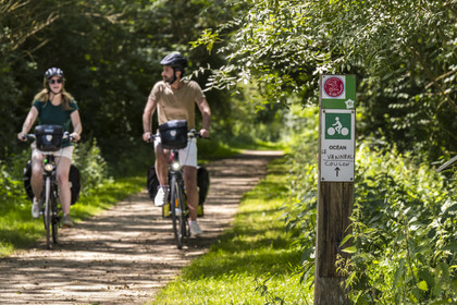 France, Deux-Sèvres (79), le Marais Poitevin, la Venise Verte, Sansais, panneau signalant la voie cyclable de la Vélo Francette