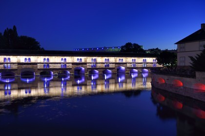 France, Bas Rhin, Strasbourg, old town listed as World Heritage by UNESCO, la Petite France District, Vauban dam on the Ill river, illuminations in the evening