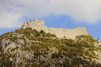 France, Ariege, Pays d' Olmes, Cathar Castle of Montsegur perched on a rock
