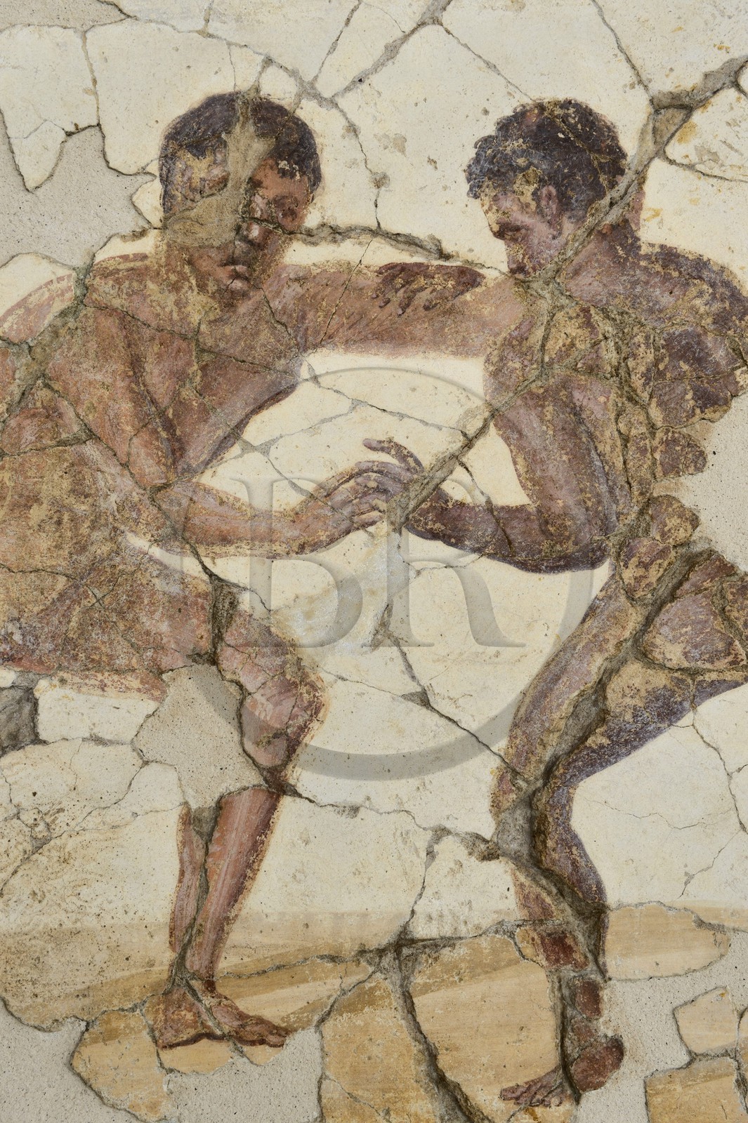 France, Rhône (69), Saint-Romain-en-Gal, musée gallo-romain de Saint-Romain-en-Gal, fresque murale des jeux de la Palestre provenant de la pièce des latrines des thermes des Lutteurs, lutte à main nue