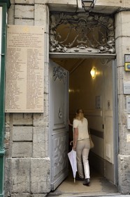 France, Rhone, Lyon, historical site listed as World Heritage by UNESCO, traboule (small passageway) connecting the 12 rue Sainte Catherine at the Place des Terreaux, on 9 February 1943 the nazis arrested 86 people at the headquarters of the Union Générale des Juifs de France