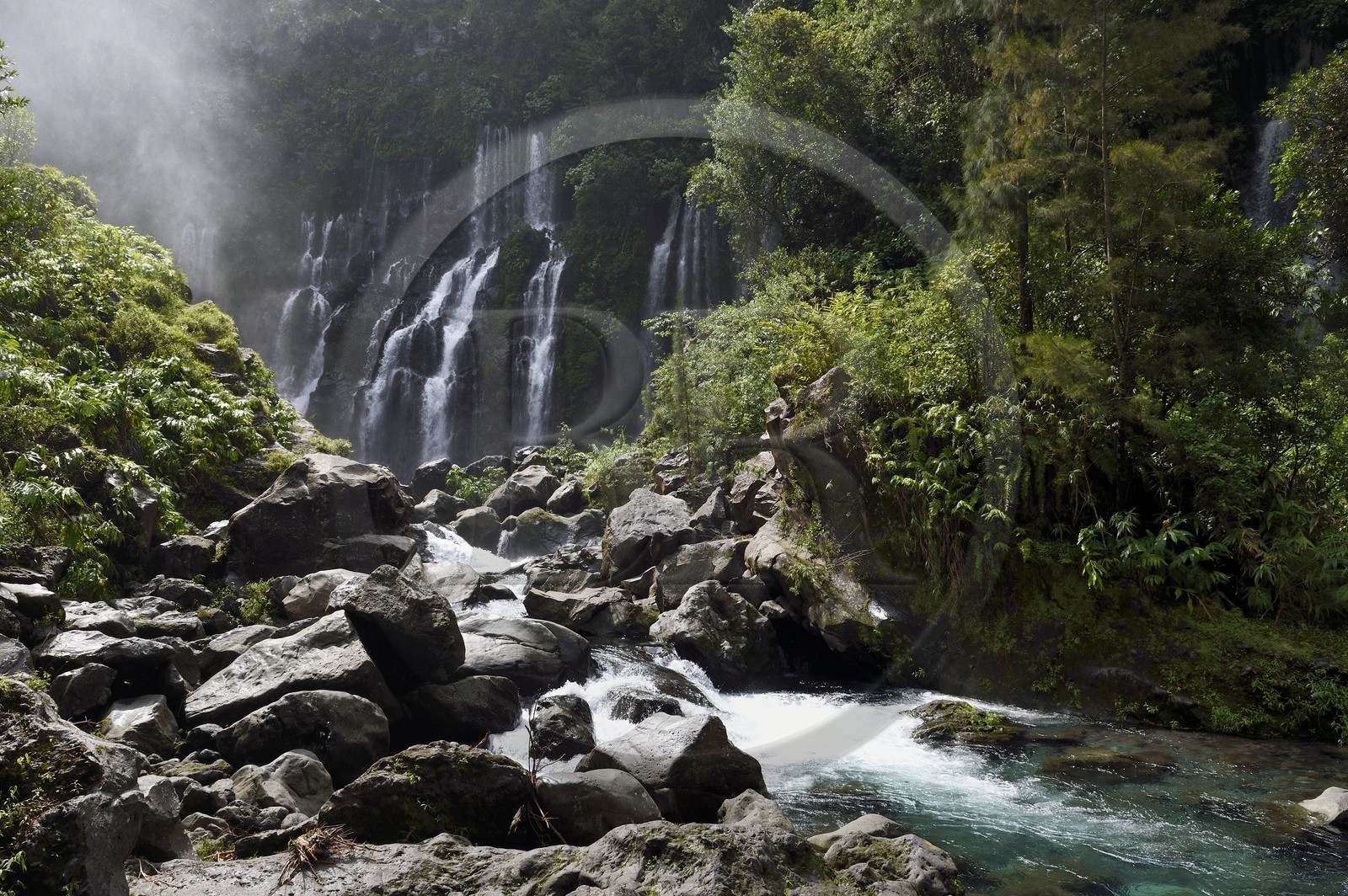 France, Reunion island (French overseas department), Saint Joseph, Langevin river on the flank of the Piton de la Fournaise volcano, Grand Galet waterfall also called Langevin waterfall