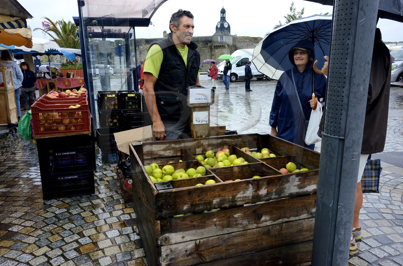France, Finistere, the market, apple seller stall