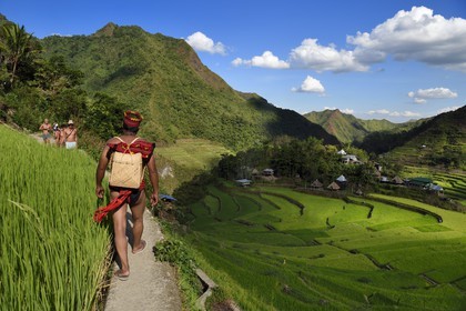 Philippines, Ifugao province, Banaue rice terraces around the village of Batad, listed as World Heritage by UNESCO, the guide Adolpho coated in the traditional Ifugao costume