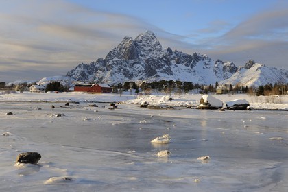 Norway, Nordland County, Lofoten Islands, landscape of a frozen bay in Winter on Vagan Island