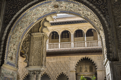 Spain, Andalusia, Seville, the Alcazar of Seville (Reales Alcazares de Sevilla), listed as World Heritage by UNESCO, Palais mudéjar ou de Pierre Ier, the Maidens Courtyard (Patio de las Doncellas)