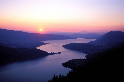 France, Haute Savoie, Annecy lake on sunset from the Forclaz pass
