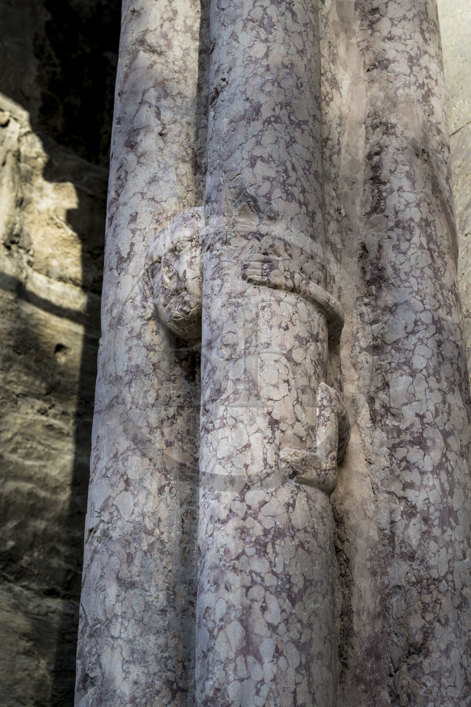 France, Hautes Alpes, Embrun, the 12th century Notre Dame du Real Cathedral, the protiro called porch of the Real or of the Magi in Lombard style, small figure sculpted on one of the groups of pink marble columns