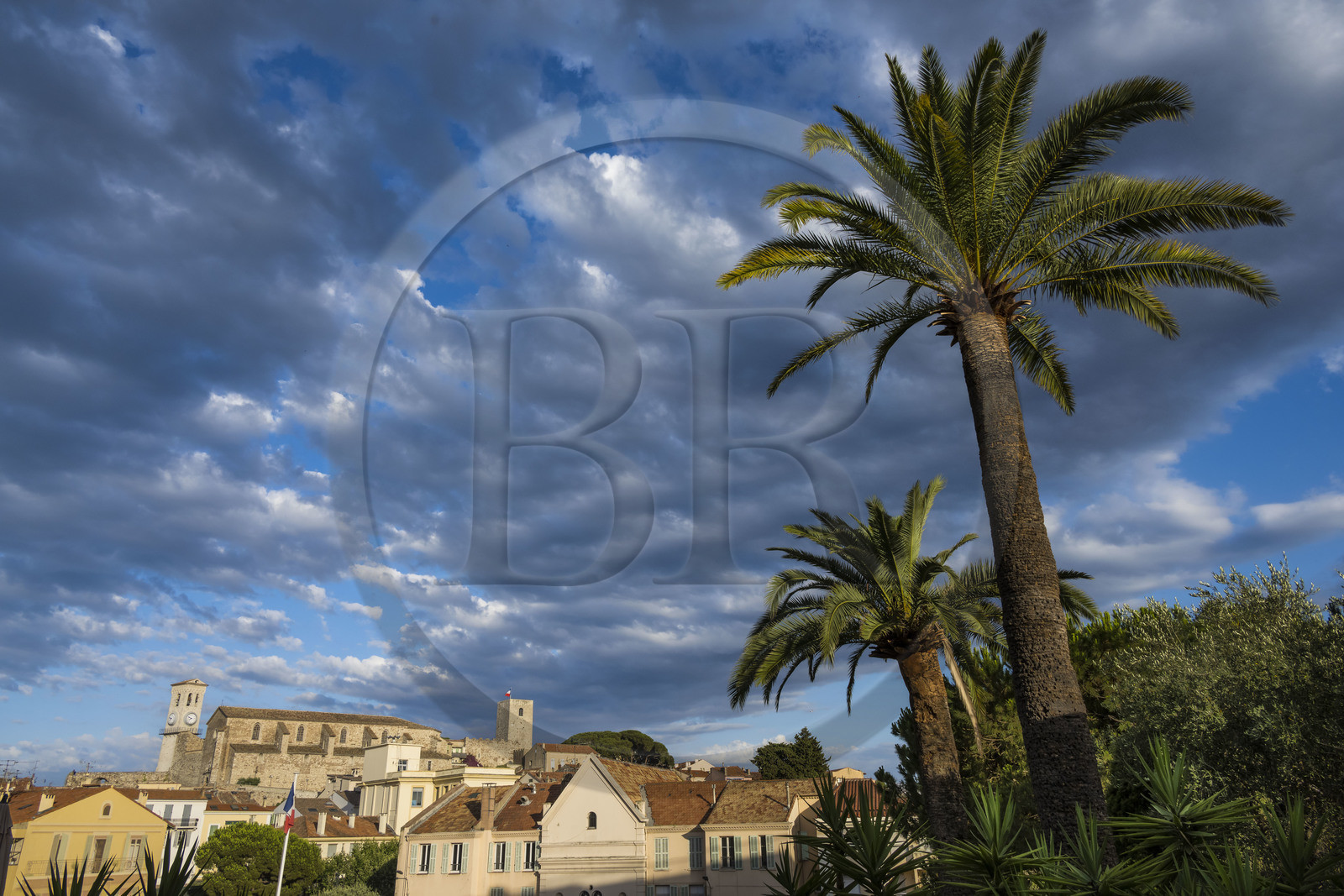 France, Alpes-Maritimes, Cannes, the old town in the Le Suquet district, at its summit the Suquet Tower and the bell tower of the Notre-Dame-de-l'Espérance church