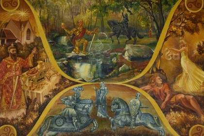 France, Morbihan (56), forêt de Brocéliande, Tréhorenteuc, église Sainte-Onenne ou la chapelle du Graal dédiée à la mythogie arthurienne, peinture réalisée par Karl Reizabech sur les indications de l'abbé Gillard