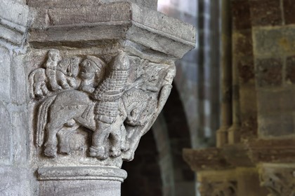 France, Haute Loire, Brioude, the Basilica of Saint-Julien de Brioude in Auvergne Romanesque style, carved capitals decorated with patterns, fight between a Christian knight and a Buckwheat knight which could refer to the Crusades