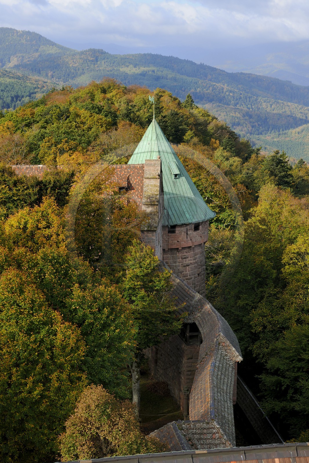 France, Bas Rhin, Orschwiller, Alsace Wine Road, Haut Koenigsbourg Castle, the great Bastion overlooking the forest around, the west tower and the upper garden