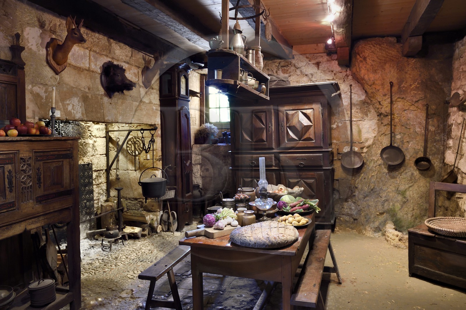 France, Dordogne (24), Périgord Noir, vallée de la Vézère, Tursac, maison fortifiée troglodytique de Reignac du XVIe siècle, la cuisine